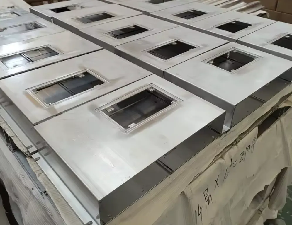 Rows of rectangular supply and return plenum sections lined up in production